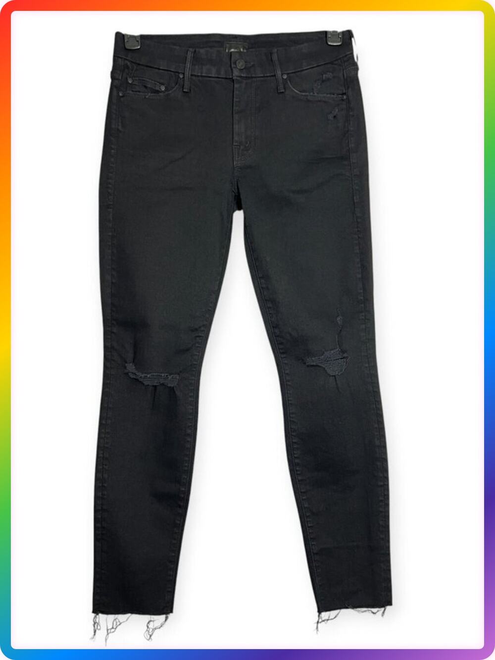 MOTHER The Looker Ankle Skinny Jeans Size 28 Black Frayed Distressed Denim
